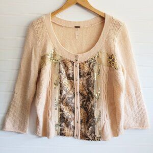Free People Cardigan Sweater Womens Medium Peachy Pink Angora Blend Sequins